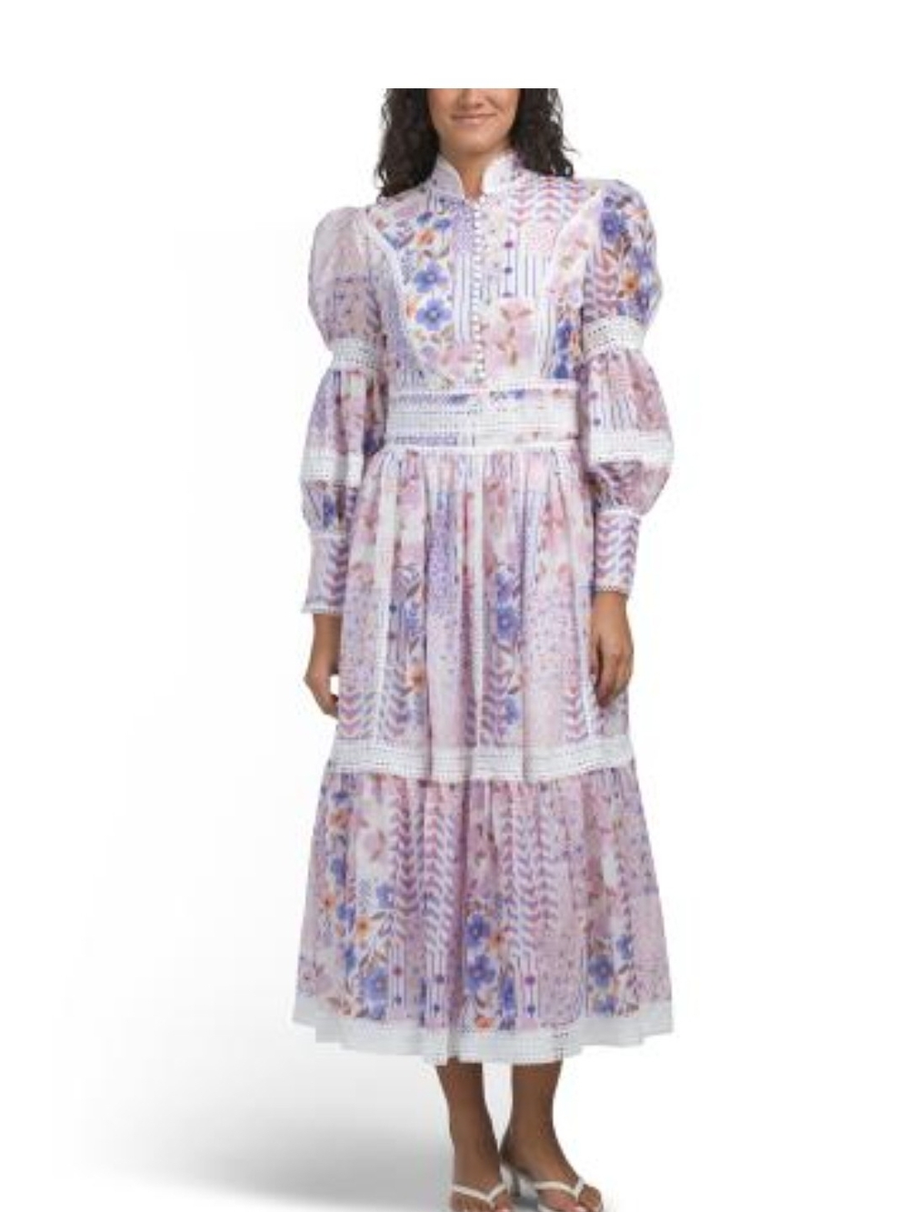 Floral Lavender Tiered Puff-Sleeve Midi Dress